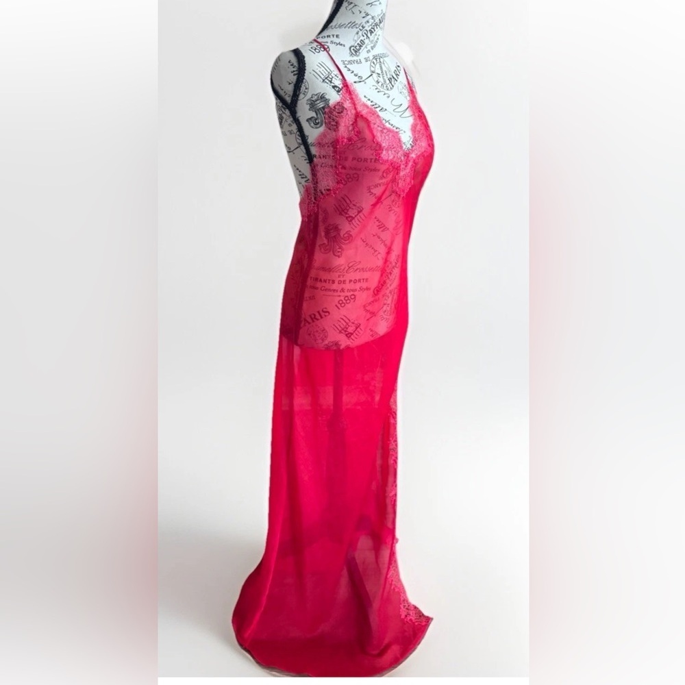 Vintage Y2K Victoria Secret Red High Slit Sheer Maxi Slip Cut Out Red Nightgown
